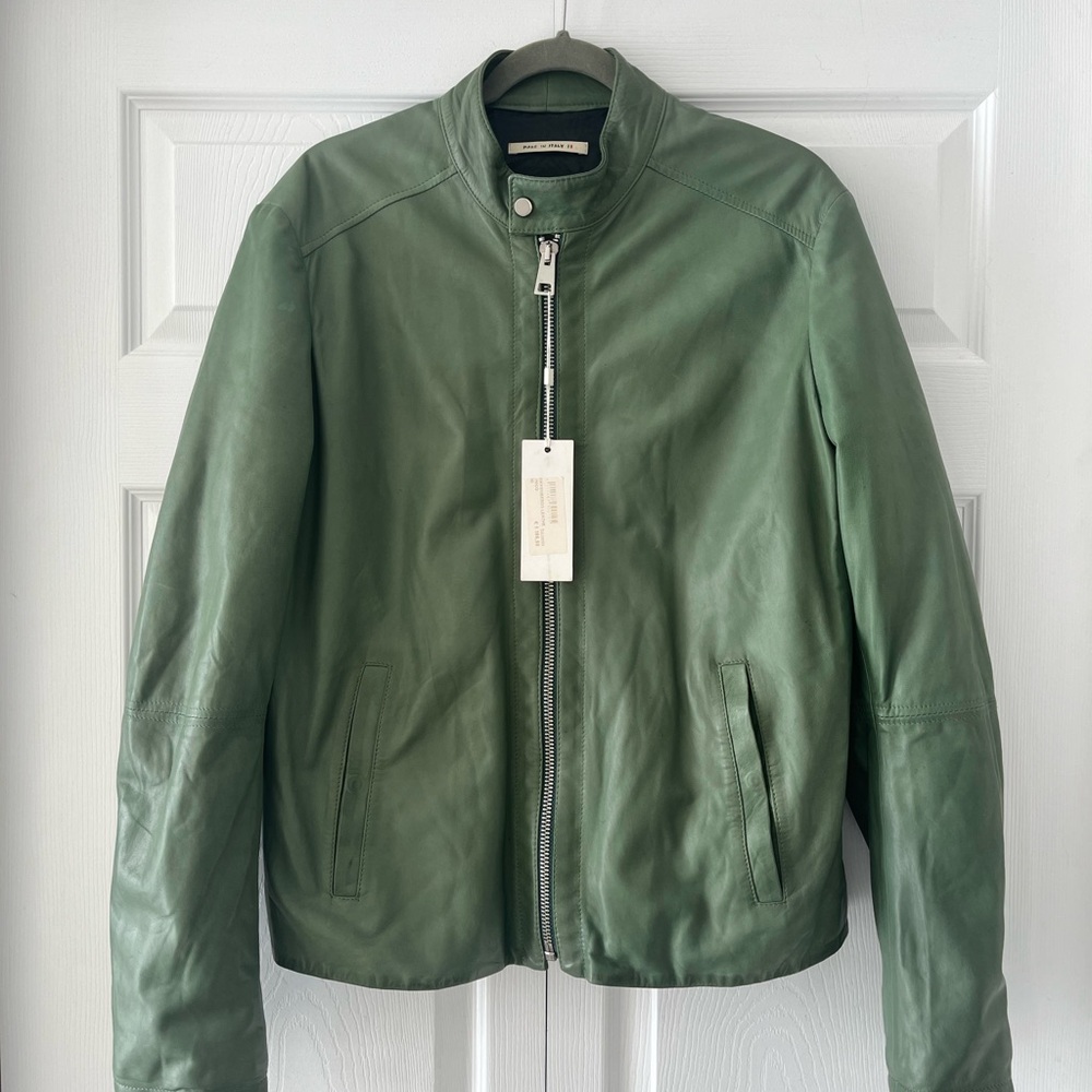 Bikkembergs Green Leather Bomber Jacket with Stand-Up Collar